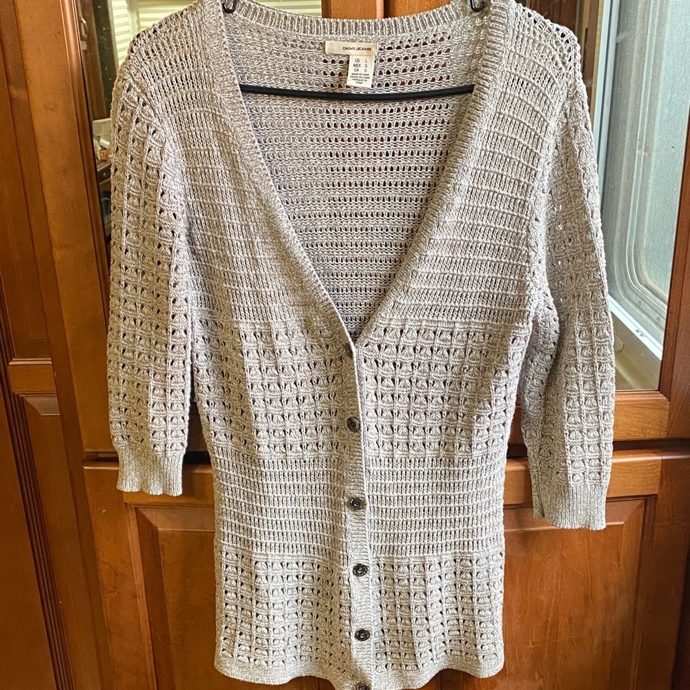 DKNY Women's Gray Open Knit Large Cardigan Sweater Office Academia Neutral Fall